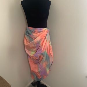 Peach abstract printed ruched midi skirt